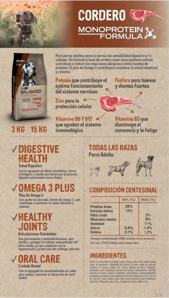 Alimento Vitalcan Balanced Natural Cordero Perro Adulto 15 K
